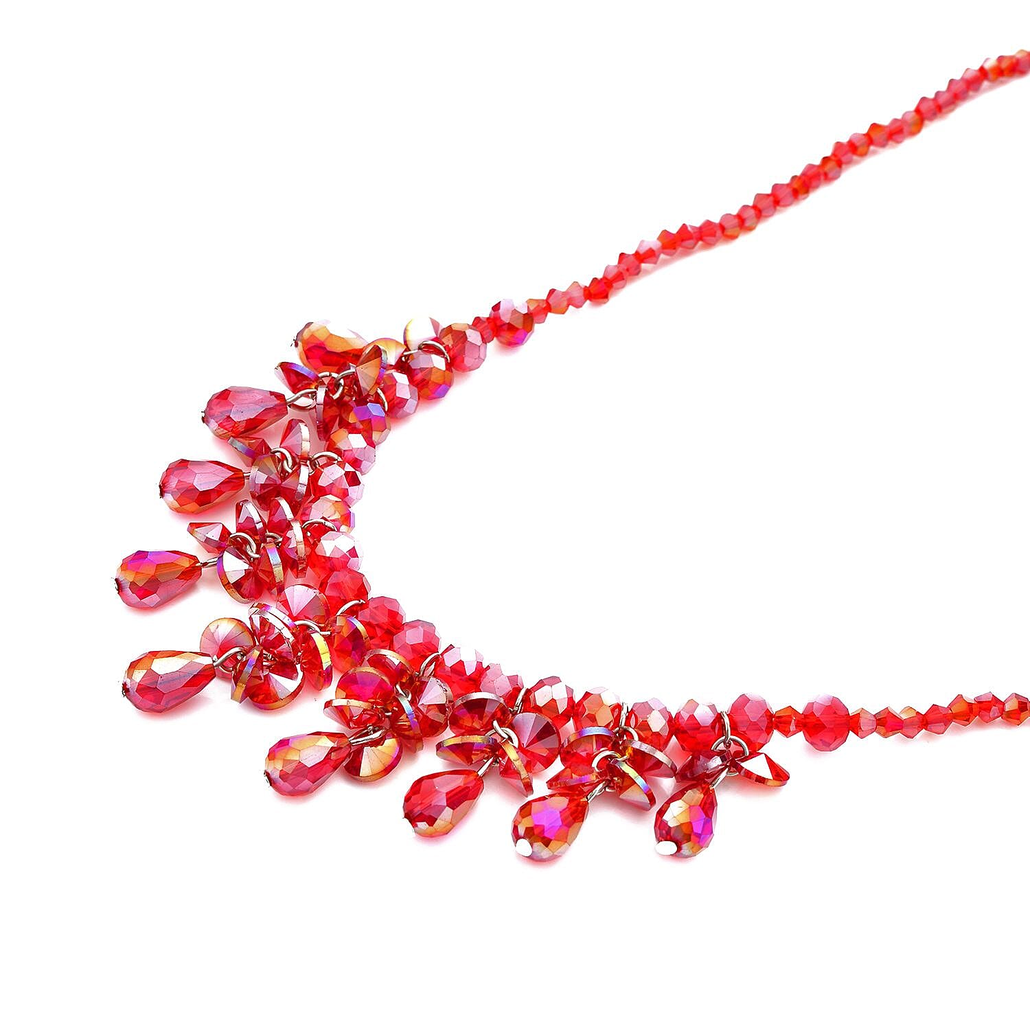 Red Aurora Borealis Glass Beaded Sparkle Necklace in Silvertone 18-20 Inches