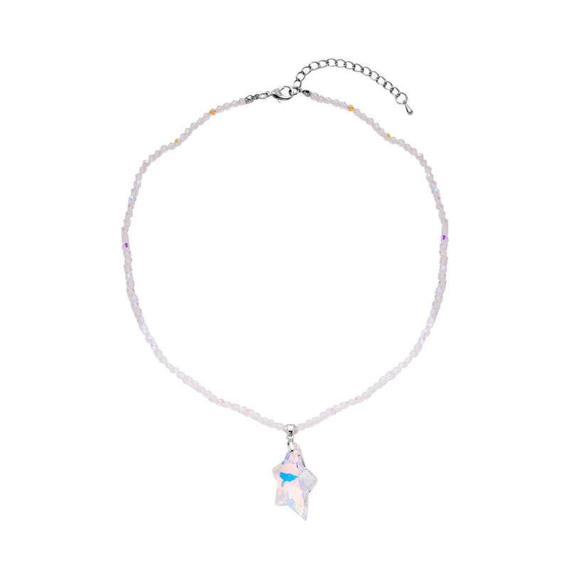 Simulated White Aurora Borealis Star Pendant with Beaded Necklace in Silvertone 20-22 Inches