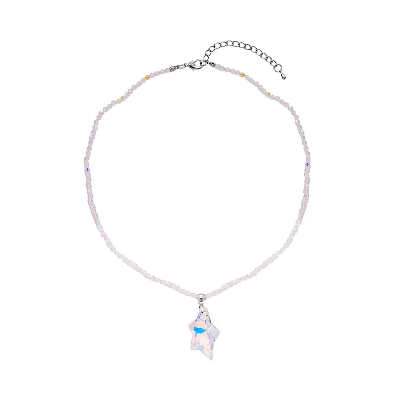 Simulated White Aurora Borealis Star Pendant with Beaded Necklace in Silvertone 20-22 Inches