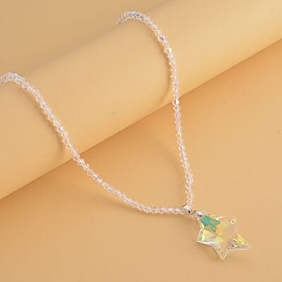 Simulated White Aurora Borealis Star Pendant with Beaded Necklace in Silvertone 20-22 Inches