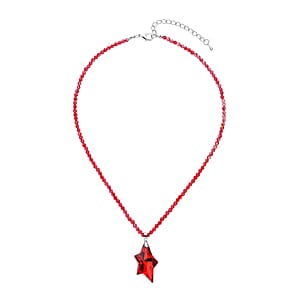 Simulated Ruby Star Pendant with Beaded Necklace in Silvertone 20-22 Inches