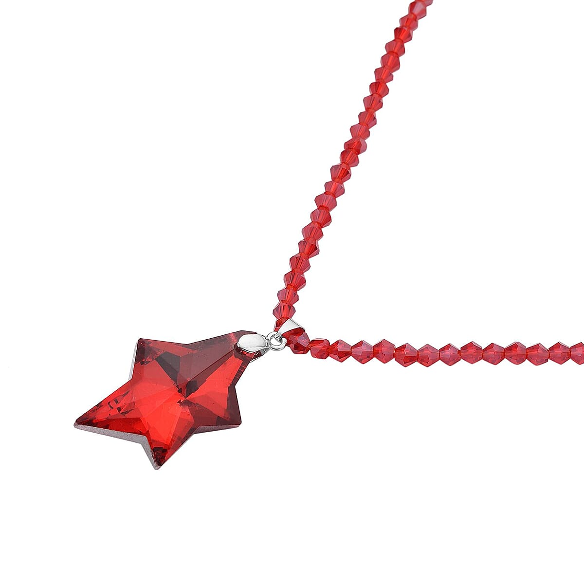 Simulated Ruby Star Pendant with Beaded Necklace in Silvertone 20-22 Inches image number 2