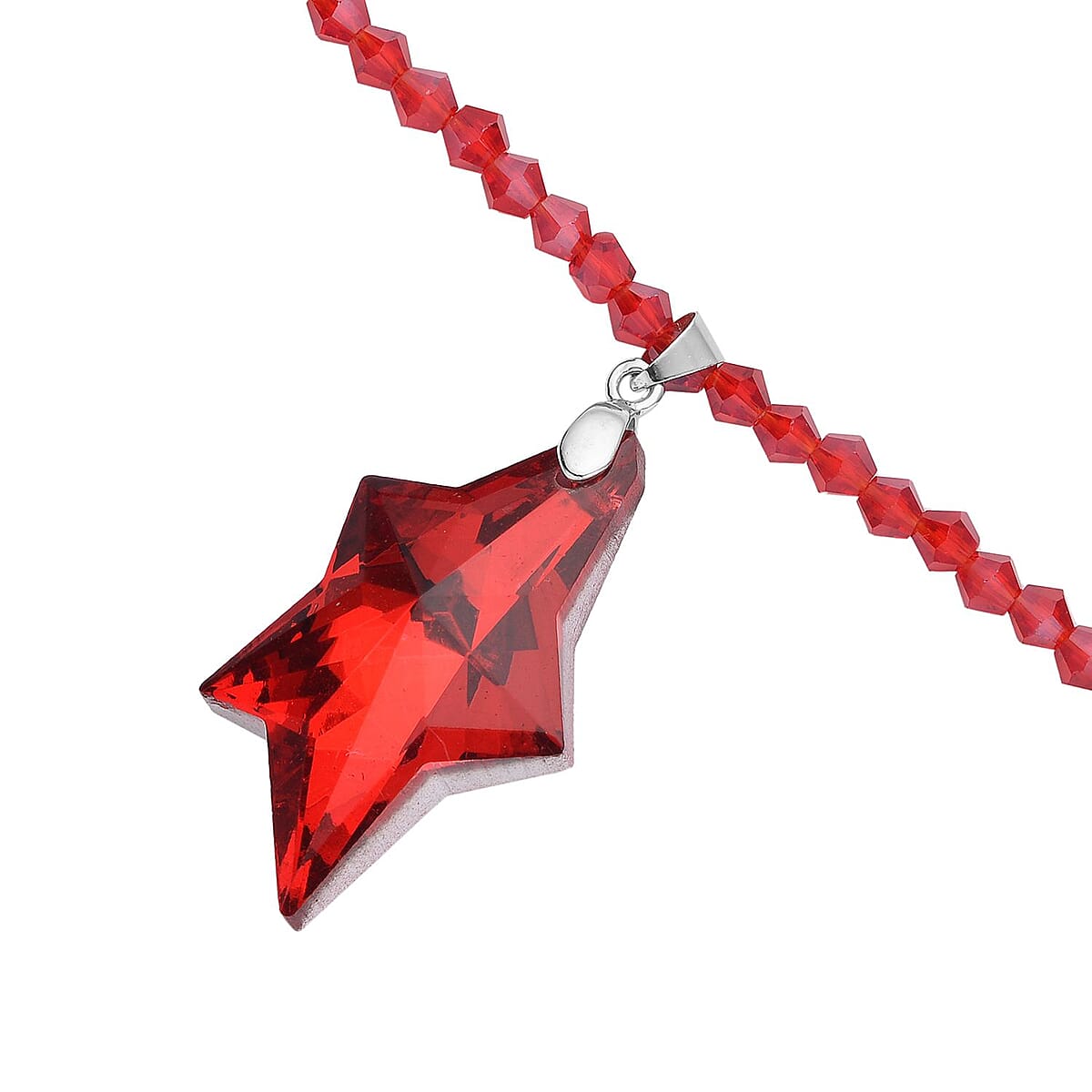 Simulated Ruby Star Pendant with Beaded Necklace in Silvertone 20-22 Inches image number 3
