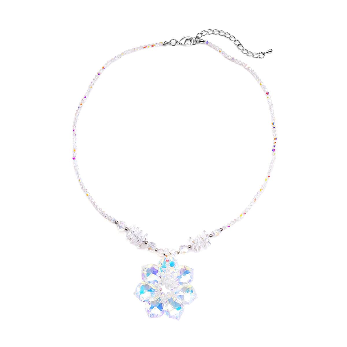 White Aurora Borealis Glass Beaded Floral Necklace 20 Inches in Silvertone image number 0