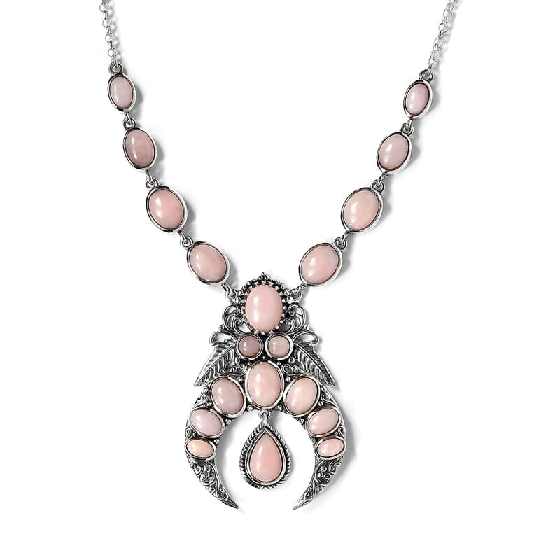 Artisan Crafted Peruvian Pink Opal Necklace 18 Inches in Sterling Silver 13.25 ctw