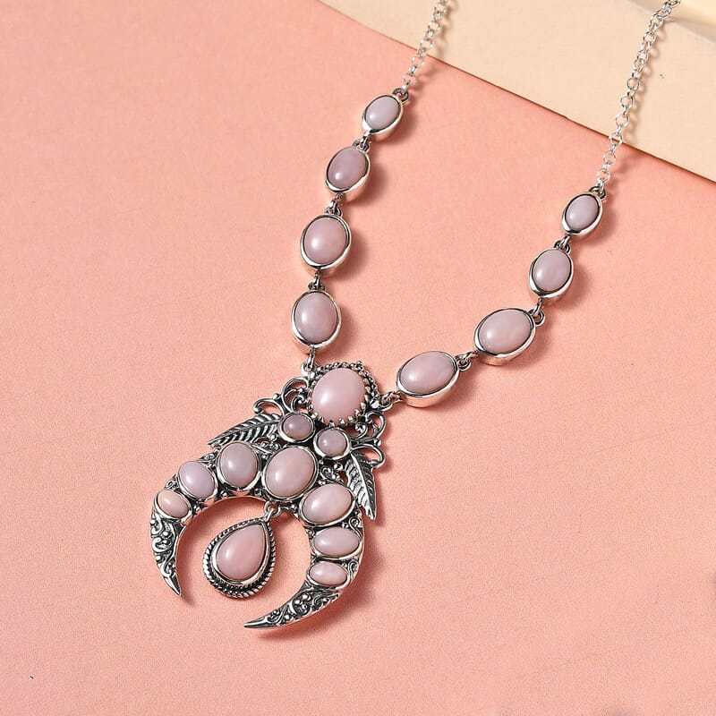 Artisan Crafted Peruvian Pink Opal Necklace 18 Inches in Sterling Silver 13.25 ctw