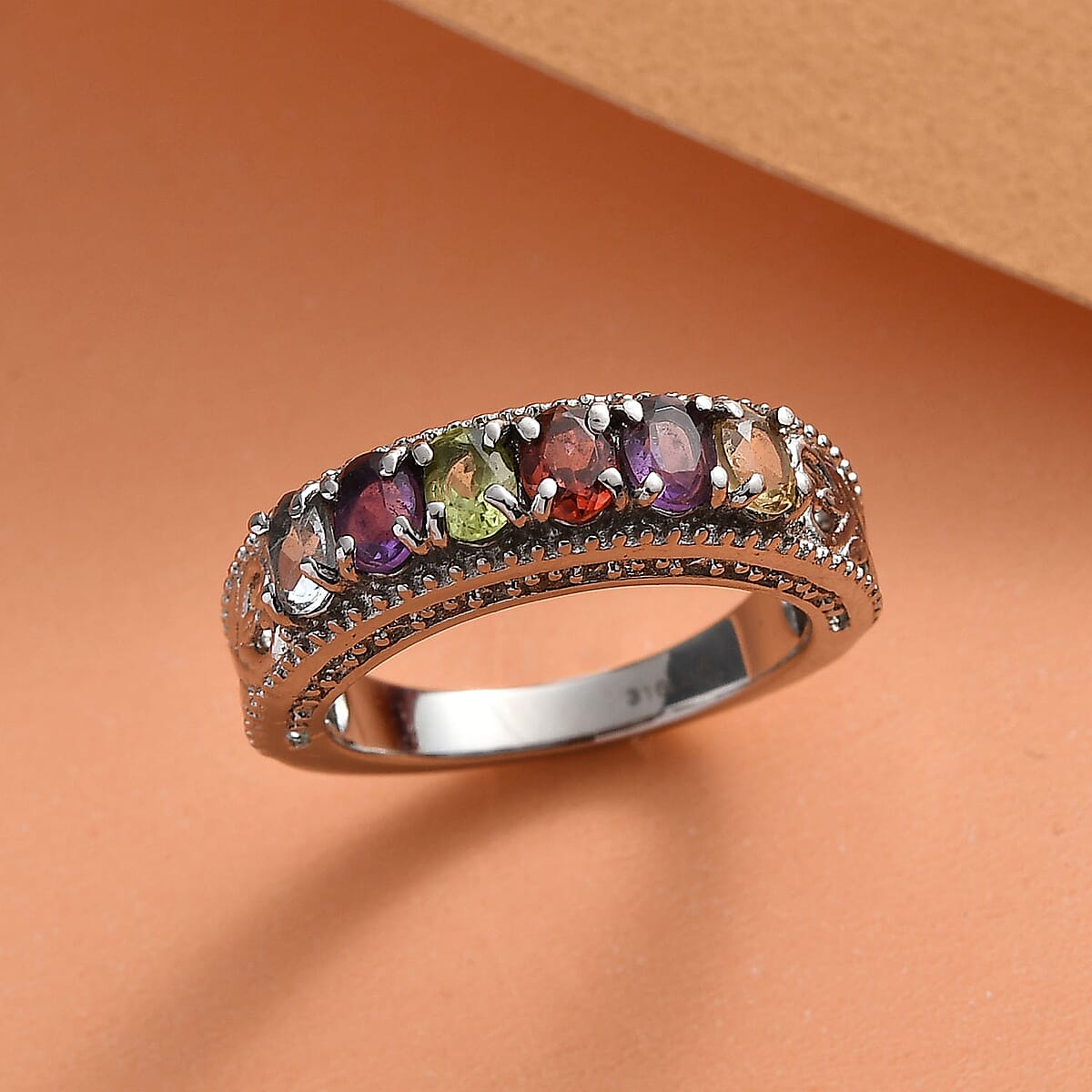 Multi Gemstone Ring in Stainless Steel (Size 10.0) 1.25 ctw | Tarnish-Free, Waterproof, Sweat Proof Jewelry image number 1