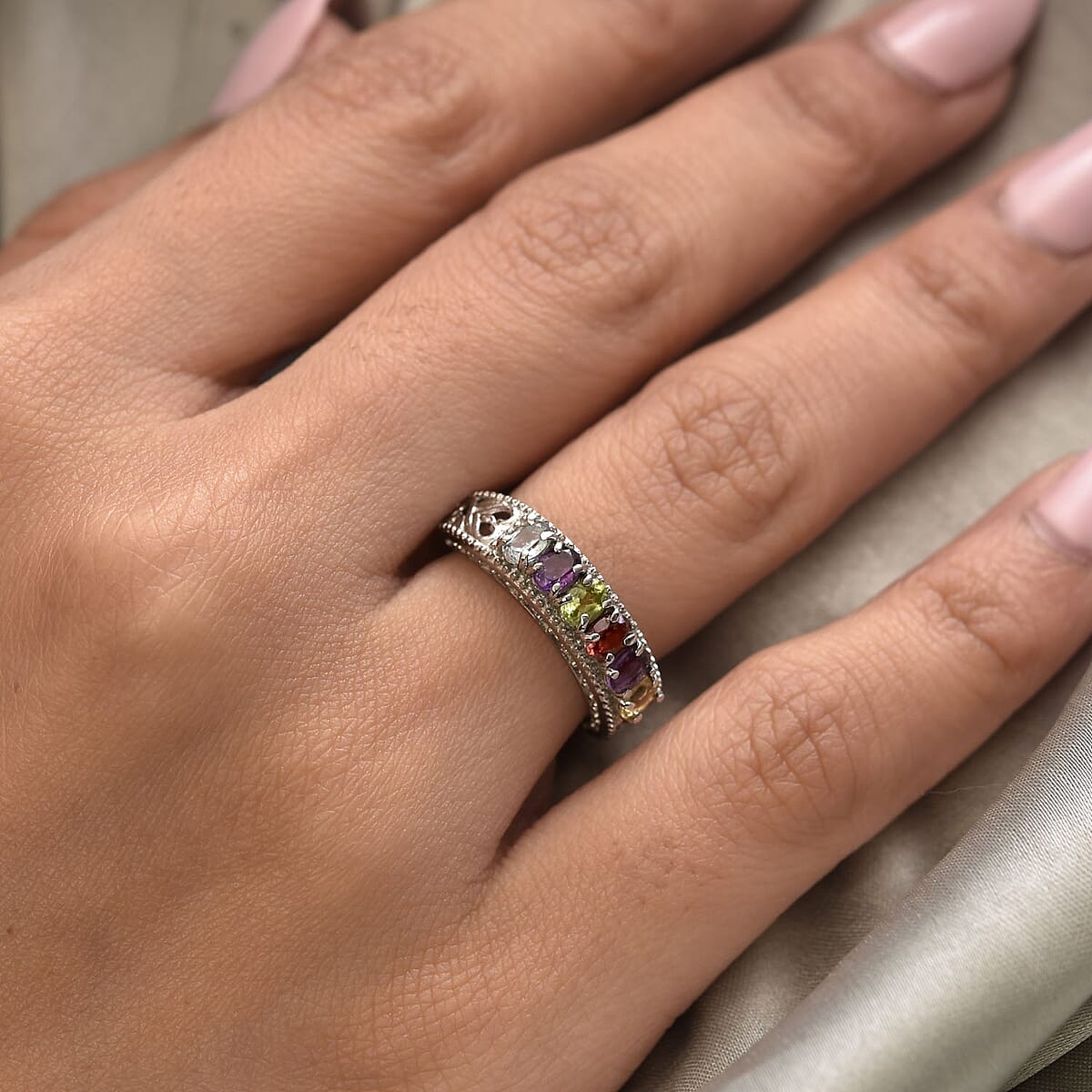 Multi Gemstone Ring in Stainless Steel (Size 10.0) 1.25 ctw | Tarnish-Free, Waterproof, Sweat Proof Jewelry image number 2