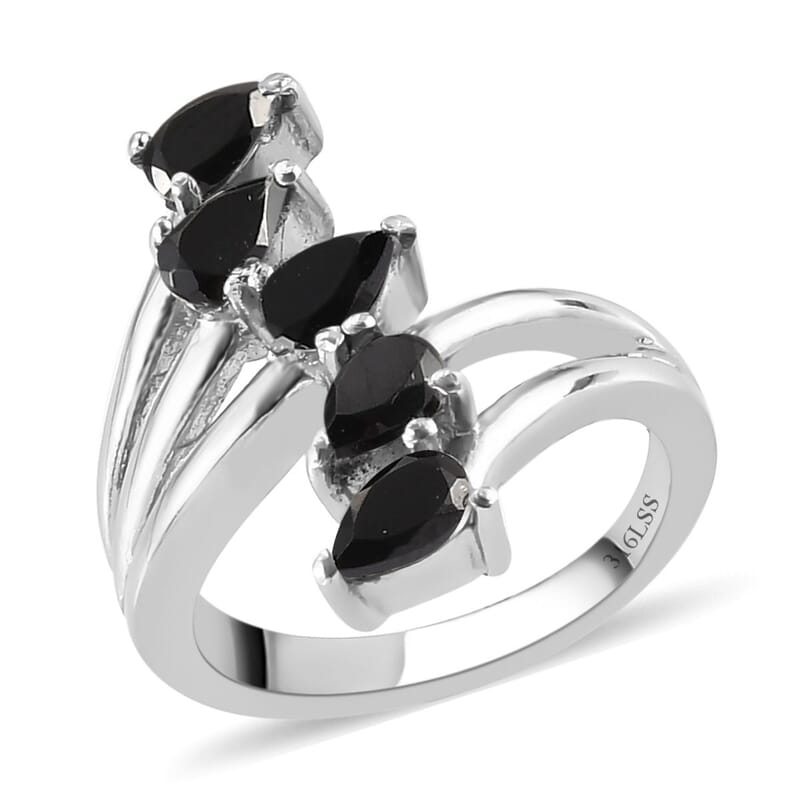 Thai Black Spinel 5 Stone Ring Stainless Steel (Size 10.0) 1.50 ctw | Tarnish-Free, Waterproof, Sweat Proof Jewelry