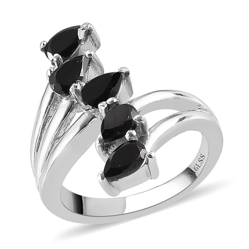 Thai Black Spinel 5 Stone Ring Stainless Steel (Size 10.0) 1.50 ctw | Tarnish-Free, Waterproof, Sweat Proof Jewelry