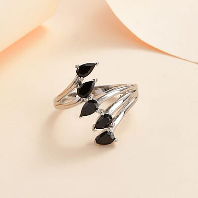 Thai Black Spinel 5 Stone Ring Stainless Steel (Size 10.0) 1.50 ctw | Tarnish-Free, Waterproof, Sweat Proof Jewelry