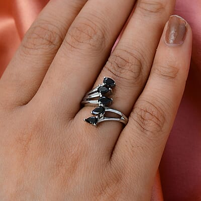 Thai Black Spinel 5 Stone Ring Stainless Steel (Size 10.0) 1.50 ctw | Tarnish-Free, Waterproof, Sweat Proof Jewelry