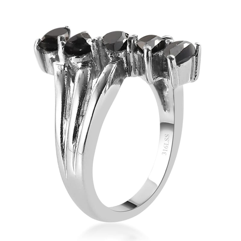 Thai Black Spinel 5 Stone Ring Stainless Steel (Size 10.0) 1.50 ctw | Tarnish-Free, Waterproof, Sweat Proof Jewelry