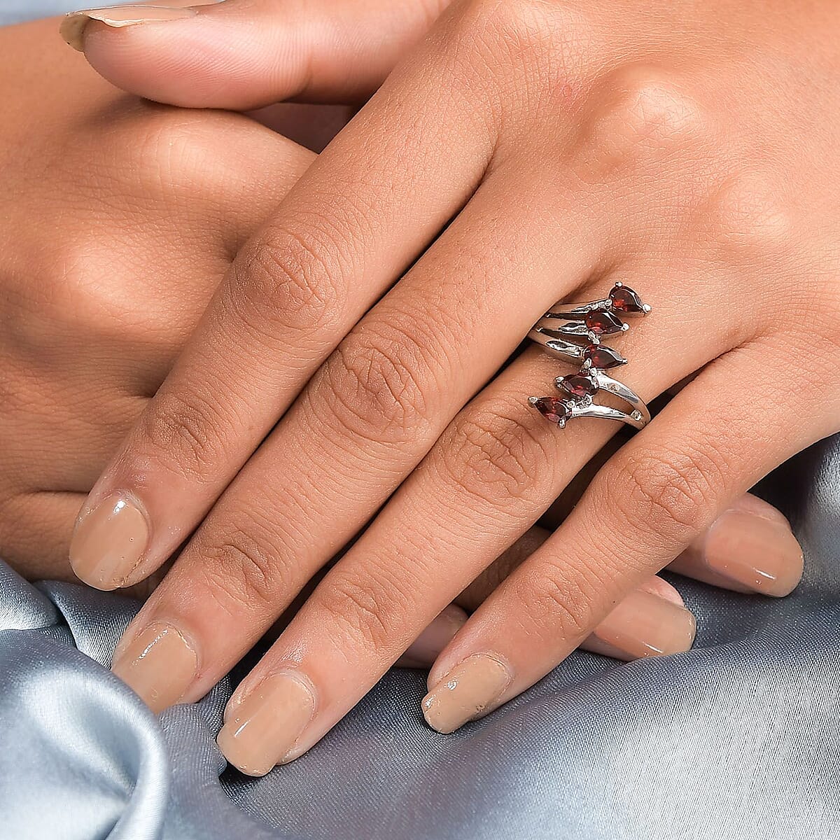 Mozambique Garnet 5 Stone Ring in Stainless Steel (Size 9.0) 1.35 ctw | Tarnish-Free, Waterproof, Sweat Proof Jewelry image number 2