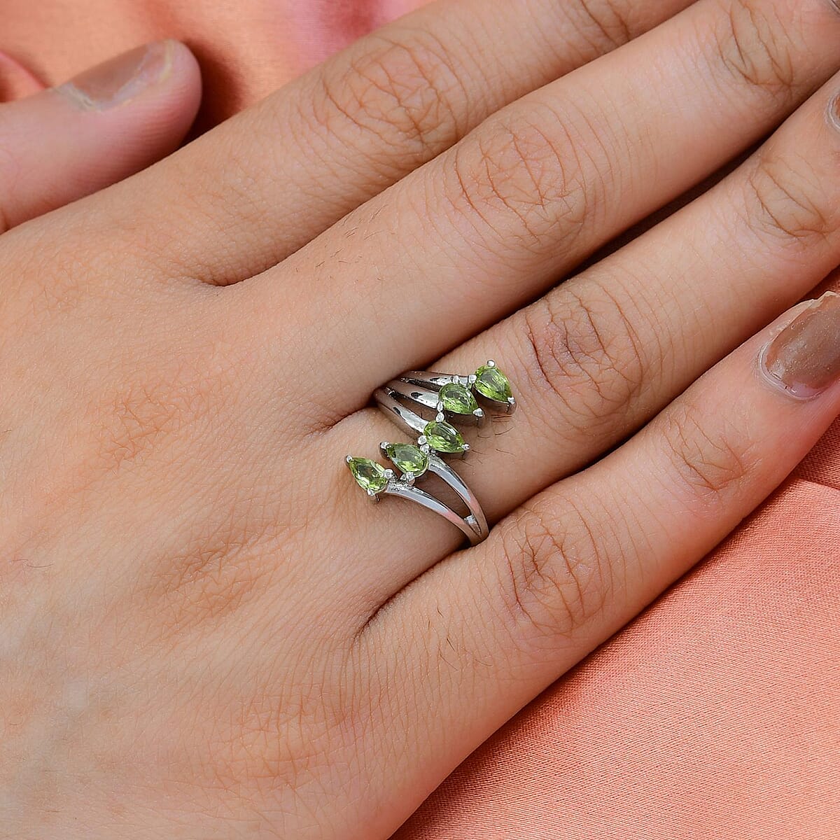 Peridot 5 Stone Ring in Stainless Steel (Size 7.0) 1.25 ctw | Tarnish-Free, Waterproof, Sweat Proof Jewelry image number 2