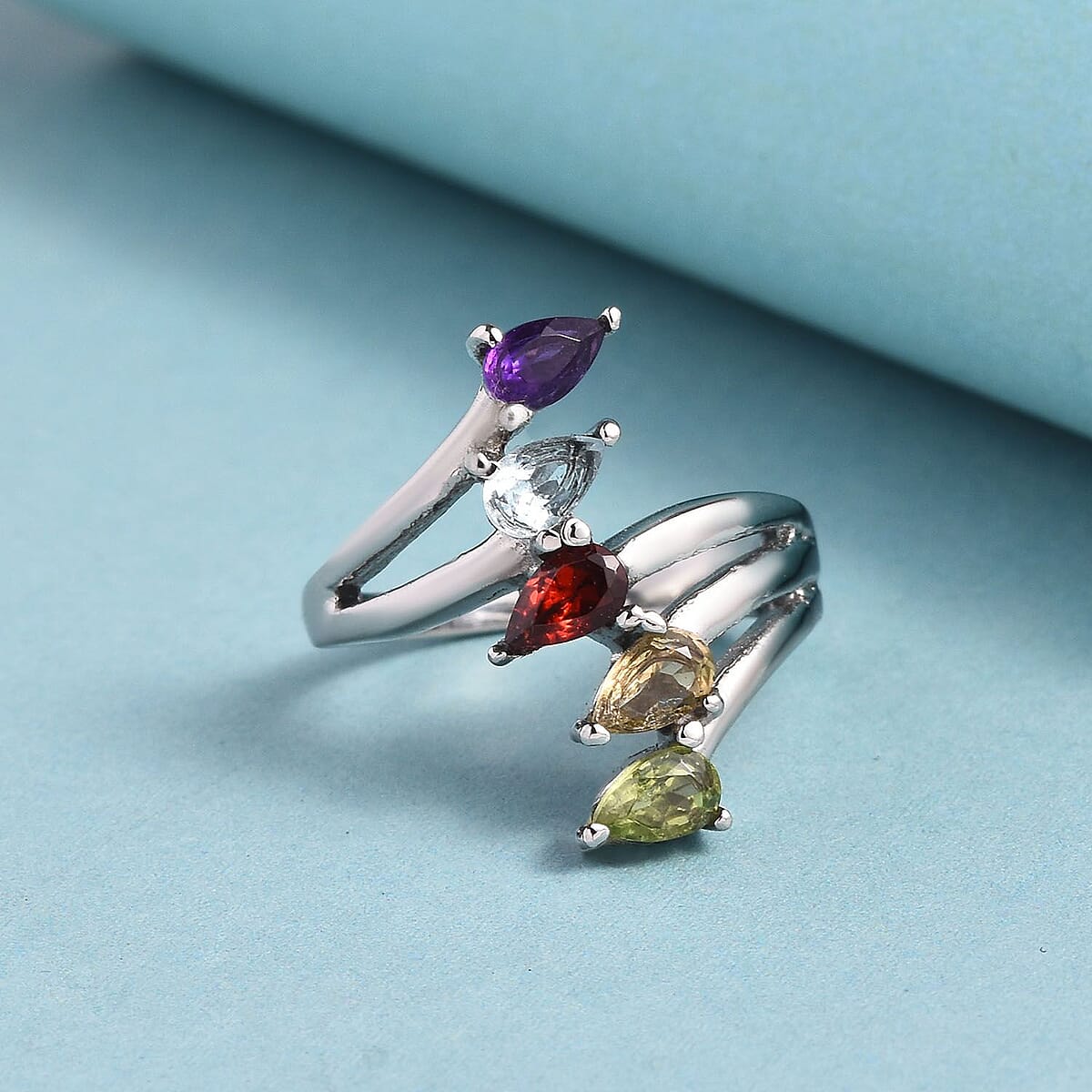 Multi Gemstone 5 Stone Ring Stainless Steel (Size 10.0) 1.25 ctw | Tarnish-Free, Waterproof, Sweat Proof Jewelry image number 1