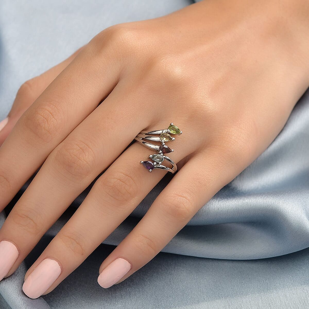Multi Gemstone 5 Stone Ring Stainless Steel (Size 10.0) 1.25 ctw | Tarnish-Free, Waterproof, Sweat Proof Jewelry image number 2