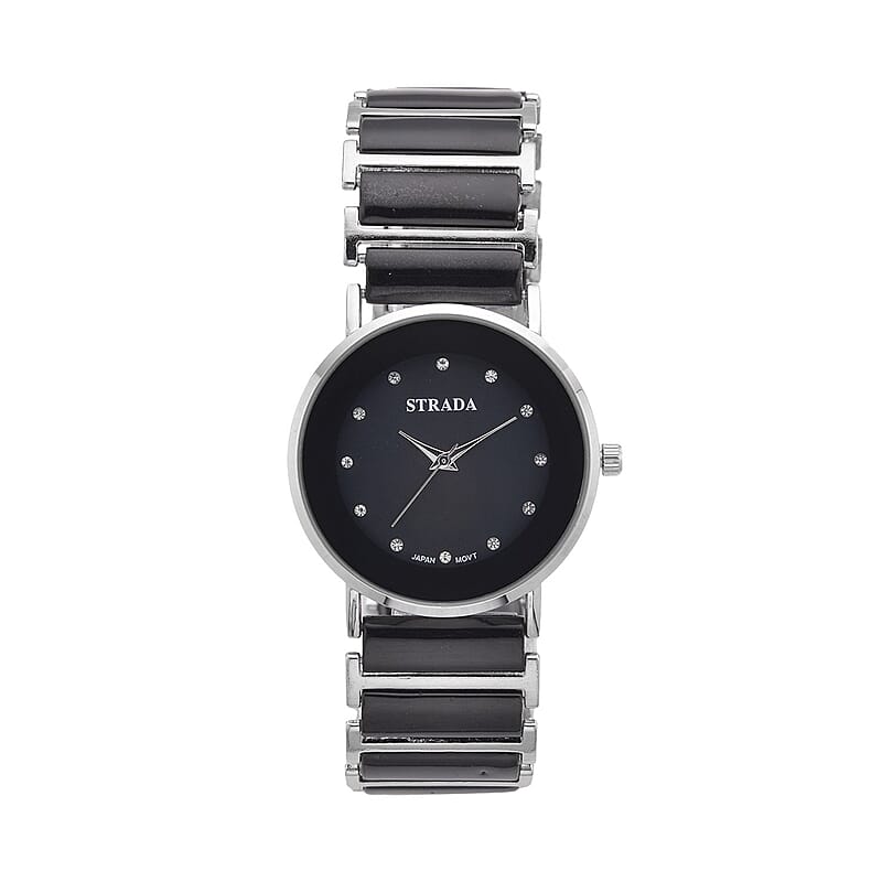 Strada Austrian Crystal Japanese Movement Watch with Black Color Ceramic Strap (35.5mm) (6.0-7.0Inches)