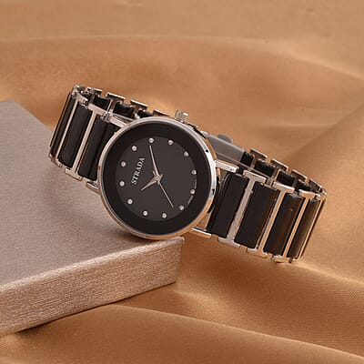 Strada Austrian Crystal Japanese Movement Watch with Black Color Ceramic Strap (35.5mm) (6.0-7.0Inches)