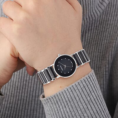 Strada Austrian Crystal Japanese Movement Watch with Black Color Ceramic Strap (35.5mm) (6.0-7.0Inches)