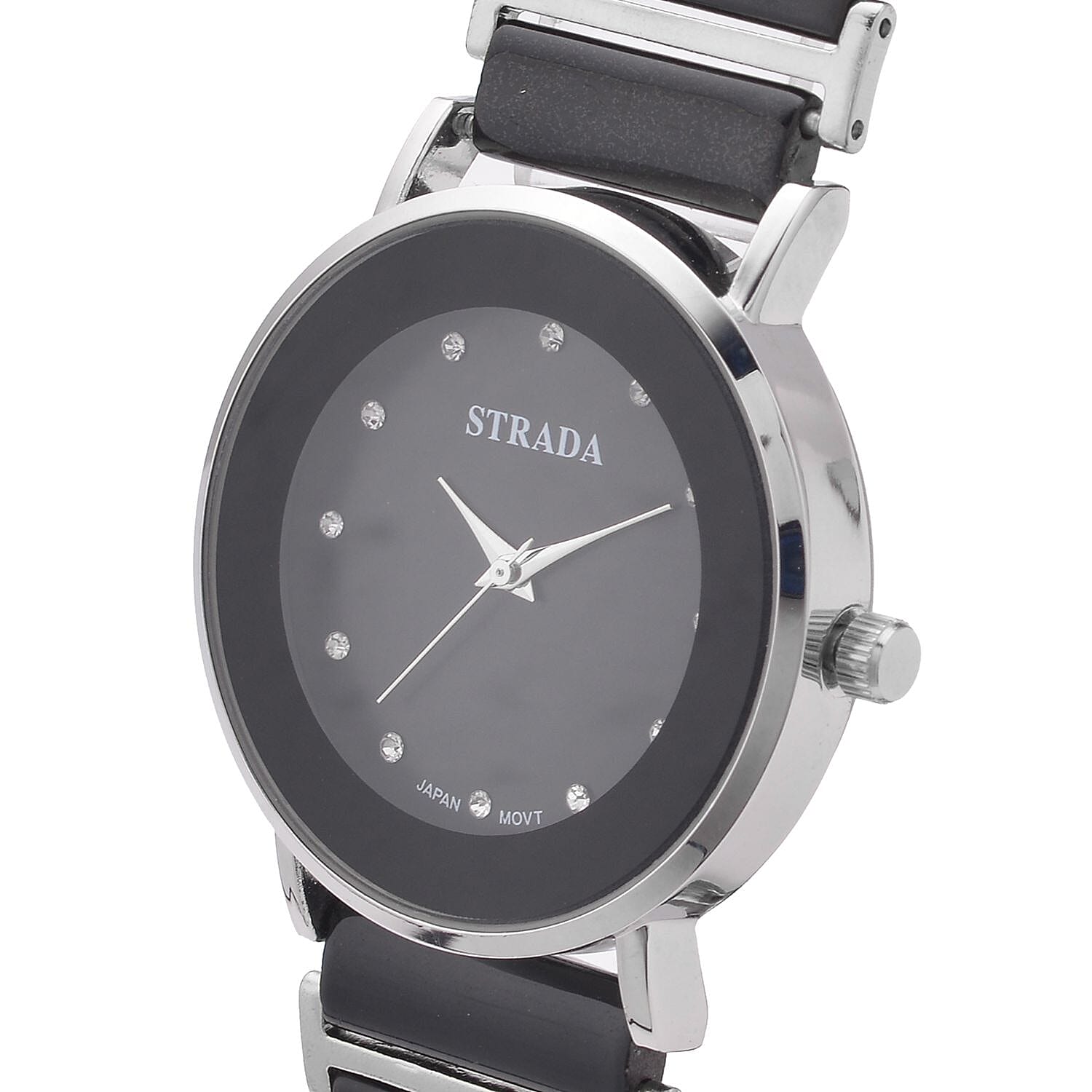 Strada Austrian Crystal Japanese Movement Watch with Black Color Ceramic Strap (35.5mm) (6.0-7.0Inches)