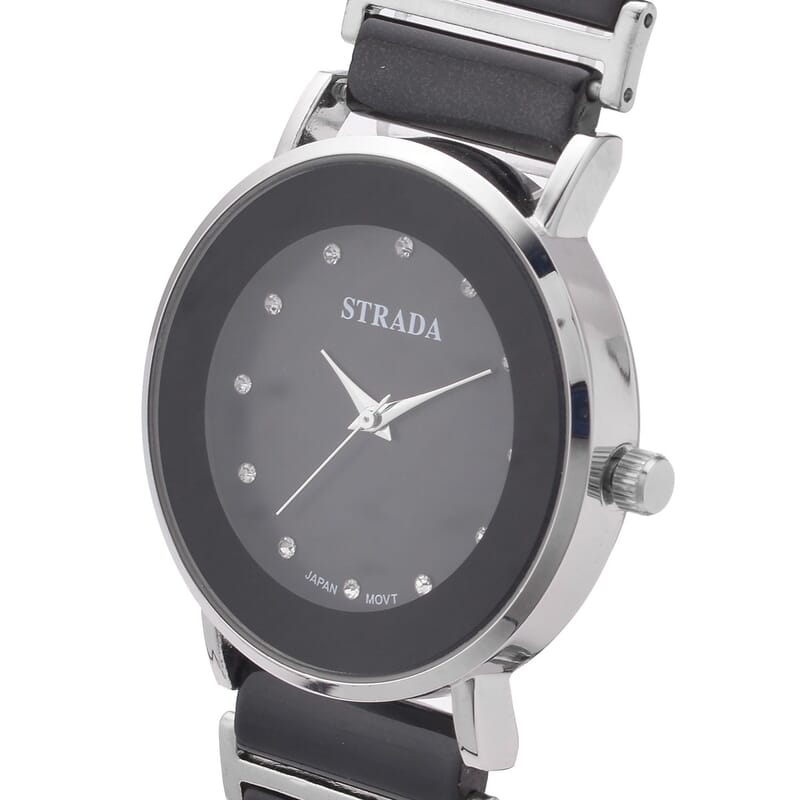 Strada Austrian Crystal Japanese Movement Watch with Black Color Ceramic Strap (35.5mm) (6.0-7.0Inches)