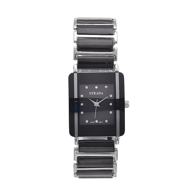 Strada Austrian Crystal Japanese Movement Square Shaped Dial Watch with Black Color Ceramic Strap (33x28mm) (6.0-7.0Inches)