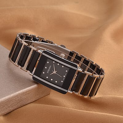 Strada Austrian Crystal Japanese Movement Square Shaped Dial Watch with Black Color Ceramic Strap (33x28mm) (6.0-7.0Inches)