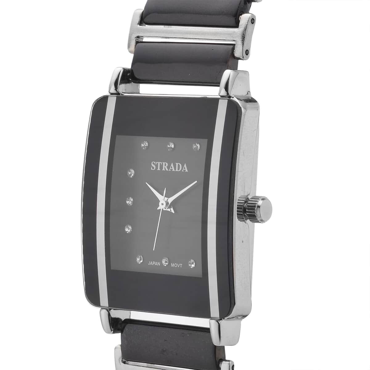 Strada Austrian Crystal Japanese Movement Square Shaped Dial Watch with Black Color Ceramic Strap (33x28mm) (6.0-7.0Inches) image number 3