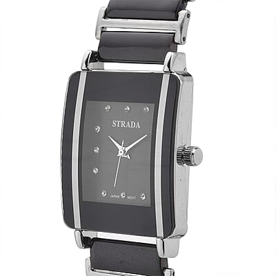 Strada Austrian Crystal Japanese Movement Square Shaped Dial Watch with Black Color Ceramic Strap (33x28mm) (6.0-7.0Inches)