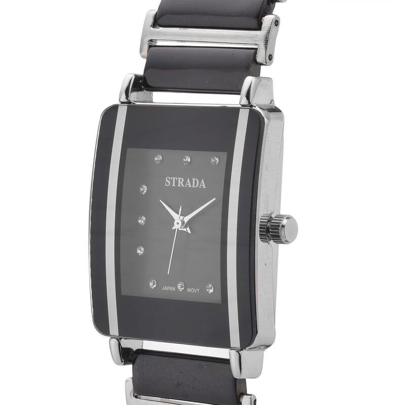 Strada Austrian Crystal Japanese Movement Square Shaped Dial Watch with Black Color Ceramic Strap (33x28mm) (6.0-7.0Inches)
