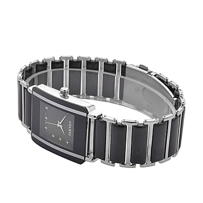 Strada Austrian Crystal Japanese Movement Square Shaped Dial Watch with Black Color Ceramic Strap (33x28mm) (6.0-7.0Inches)