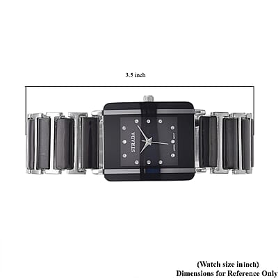 Strada Austrian Crystal Japanese Movement Square Shaped Dial Watch with Black Color Ceramic Strap (33x28mm) (6.0-7.0Inches)
