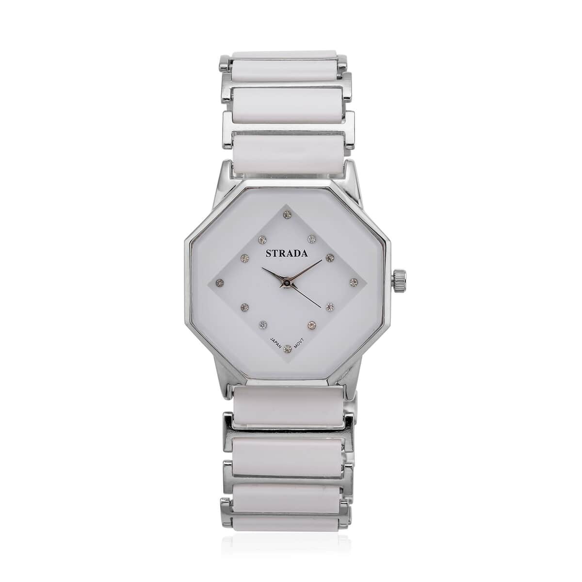 Strada Austrian Crystal Japanese Movement Octagonal Shaped Dial Watch with White Color Ceramic Strap (35.6mm) (6.0-7.0Inches) image number 0