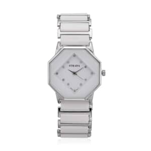 Strada Austrian Crystal Japanese Movement Octagonal Shaped Dial Watch with White Color Ceramic Strap (35.6mm) (6.0-7.0Inches)