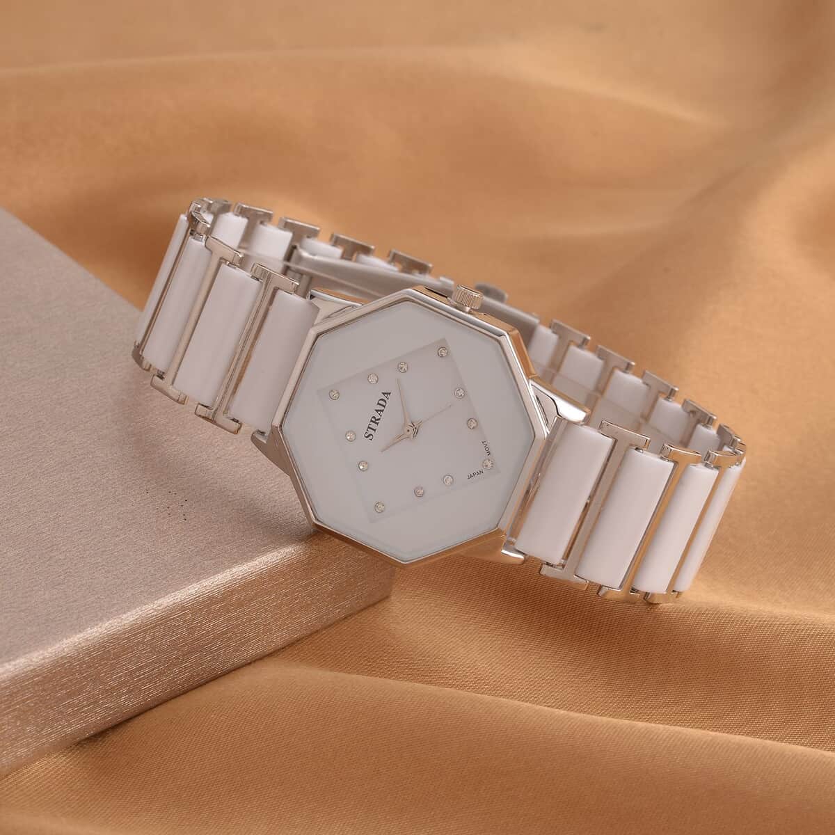 Strada Austrian Crystal Japanese Movement Octagonal Shaped Dial Watch with White Color Ceramic Strap (35.6mm) (6.0-7.0Inches) image number 1