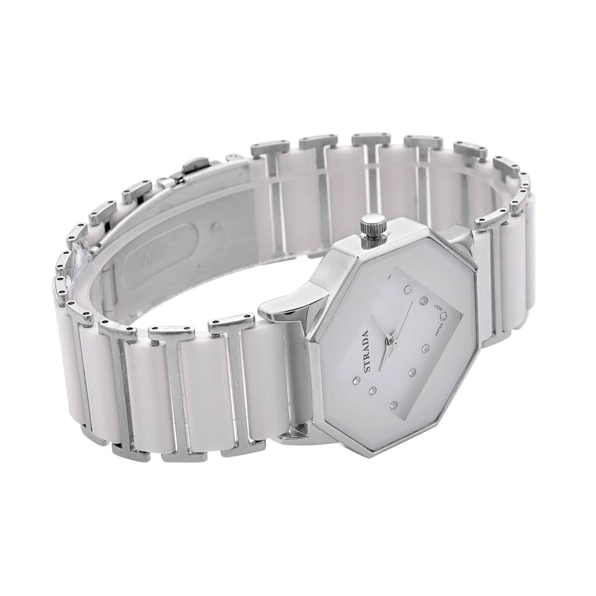 Strada Austrian Crystal Japanese Movement Octagonal Shaped Dial Watch with White Color Ceramic Strap (35.6mm) (6.0-7.0Inches) image number 4