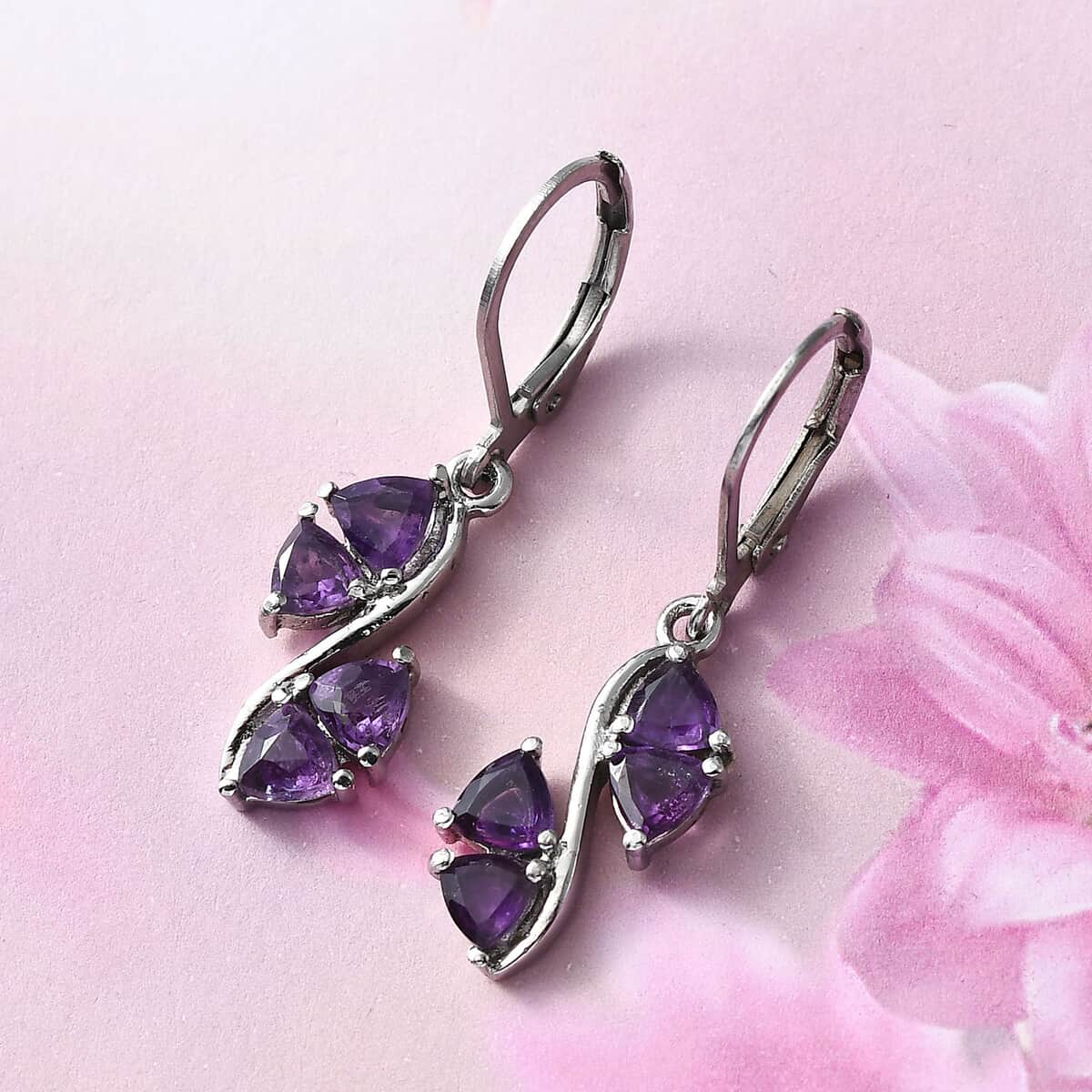 African Amethyst Lever Back Earrings in Stainless Steel 1.80 ctw image number 1