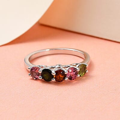 Multi-Tourmaline and Natural White Zircon 5 Stone Ring in Platinum Over Sterling Silver (Size 10.0) 1.35 ctw