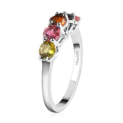 Multi-Tourmaline and Natural White Zircon 5 Stone Ring in Platinum Over Sterling Silver (Size 10.0) 1.35 ctw