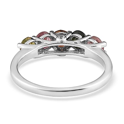 Multi-Tourmaline and Natural White Zircon 5 Stone Ring in Platinum Over Sterling Silver (Size 10.0) 1.35 ctw