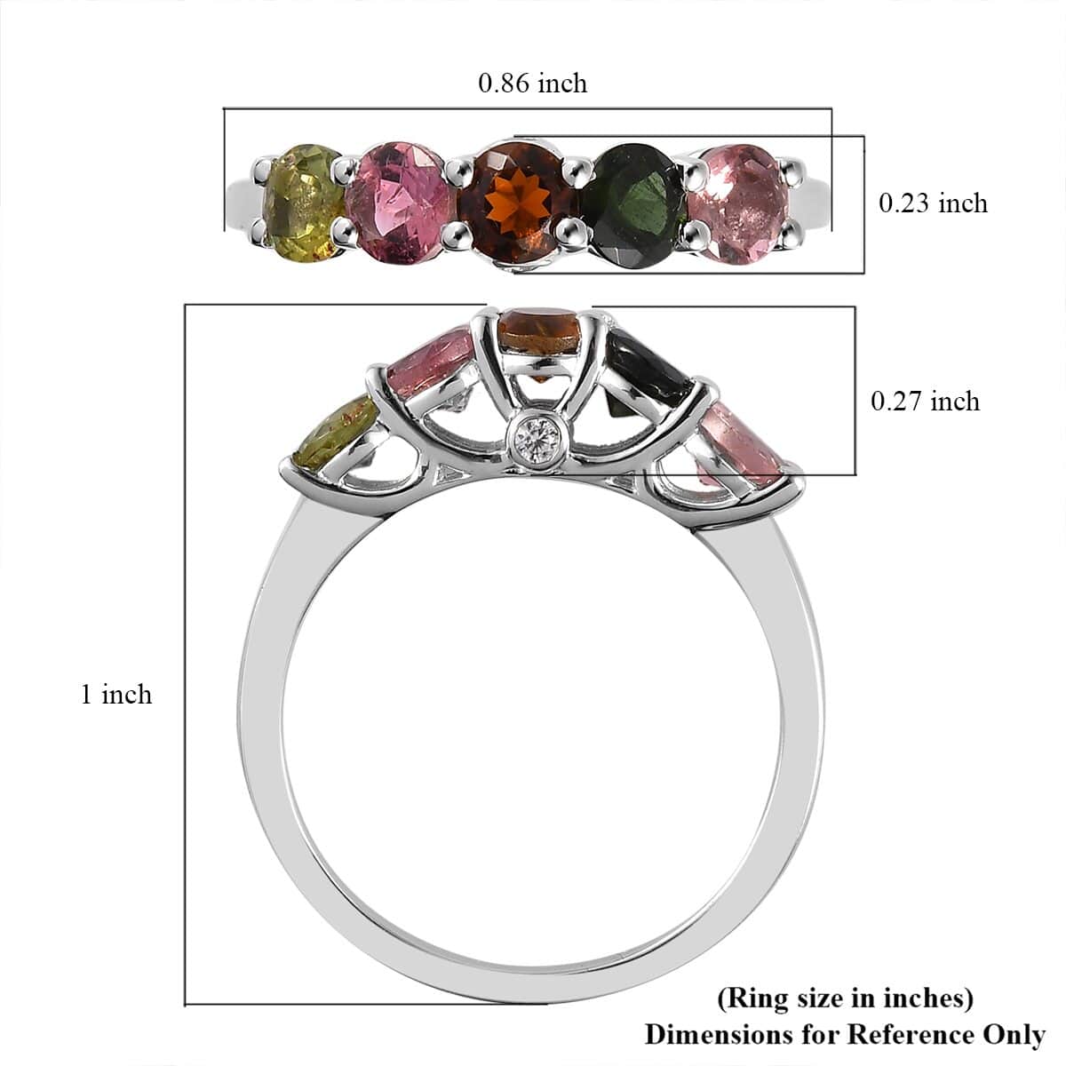 Multi-Tourmaline and Natural White Zircon 5 Stone Ring in Platinum Over Sterling Silver (Size 10.0) 1.35 ctw image number 5