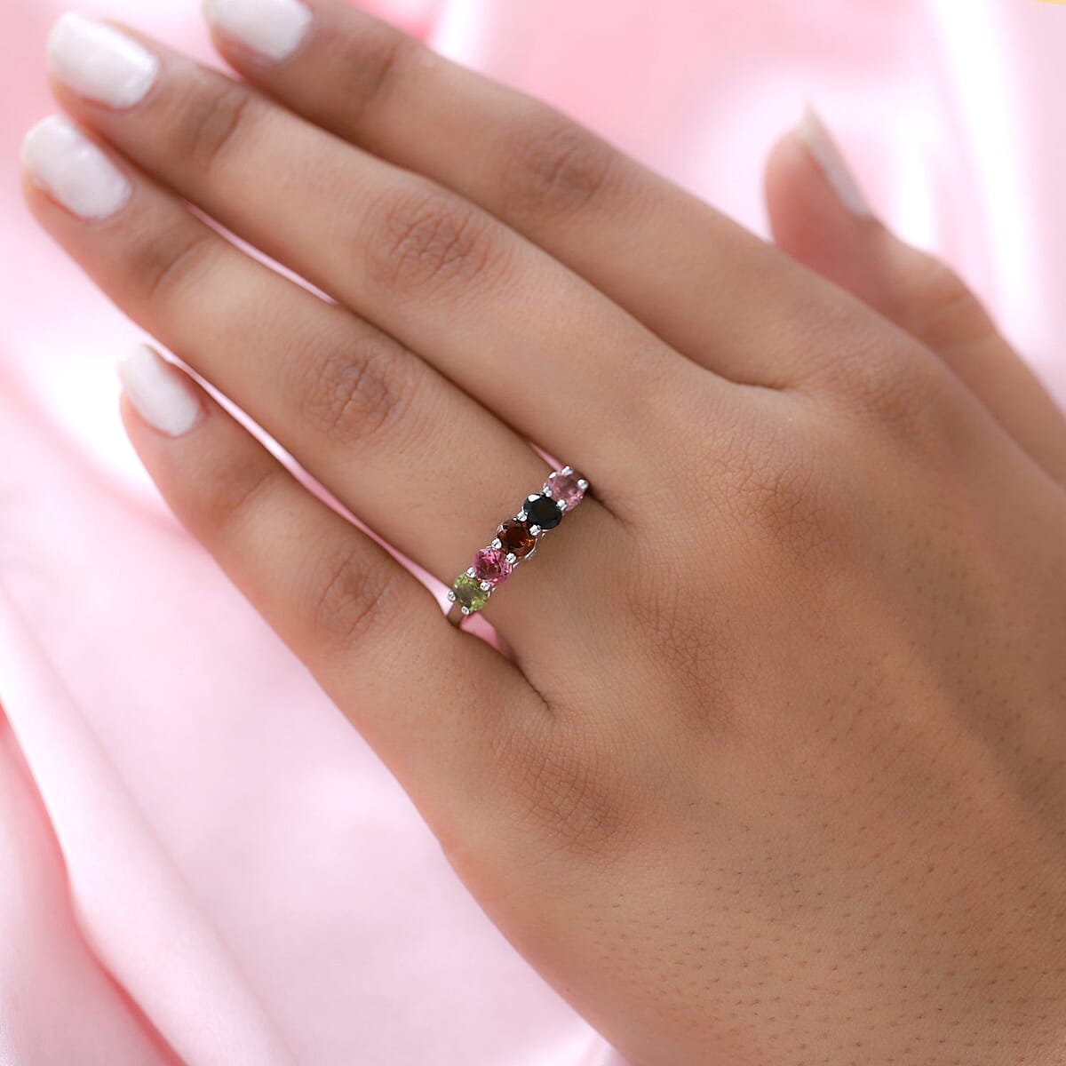 Multi-Tourmaline and White Zircon 5 Stone Ring in Platinum Over Sterling Silver (Size 8.0) 1.35 ctw image number 2