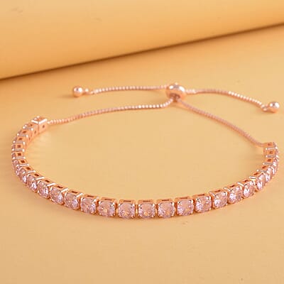 Simulated Pink Diamond Tennis Bracelet 6-9Inches with Bolo Slider in Rosetone