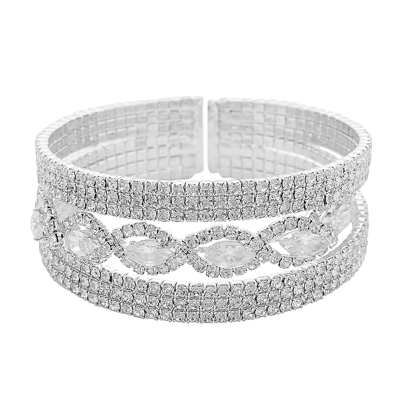 Austrian Crystal Cuff Bracelet Silvertone (6.50-7In)