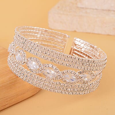 Austrian Crystal Cuff Bracelet Silvertone (6.50-7In)