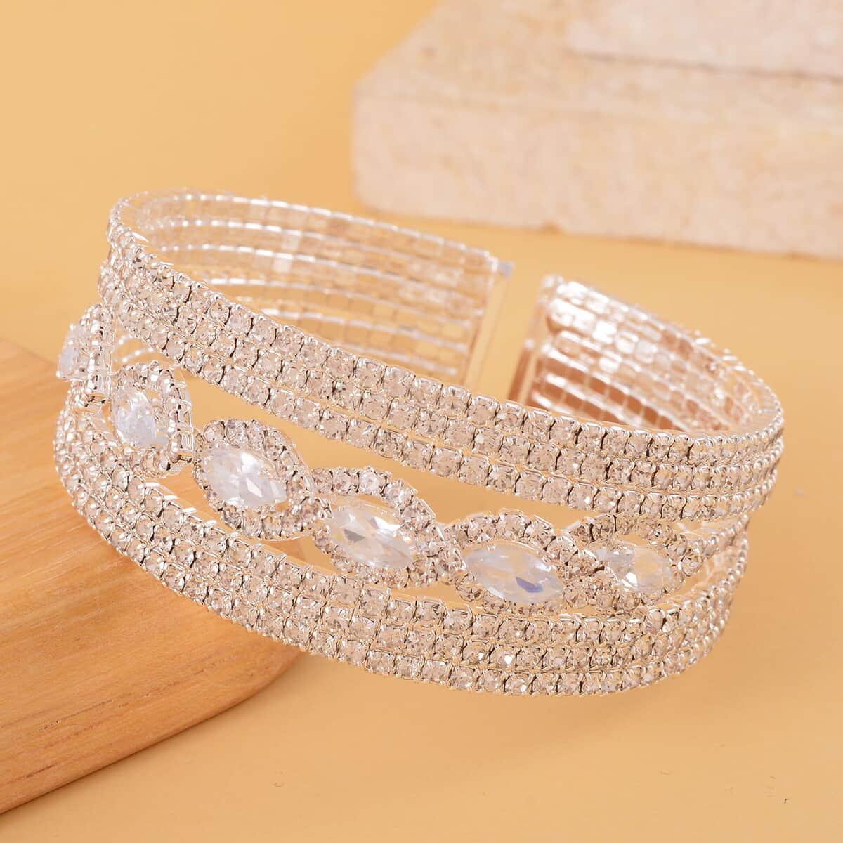 Austrian Crystal Cuff Bracelet Silvertone (6.50-7In) image number 1