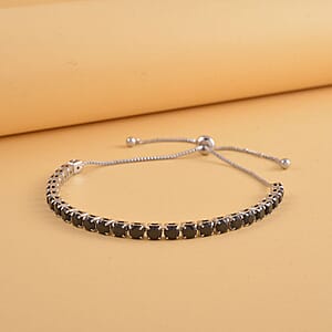 Simulated Black Color Diamond Tennis Bracelet with Bolo Slider in Silvertone 6-9Inches