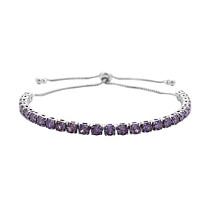 Simulated Purple Diamond Tennis Bracelet 6-9Inches with Bolo Slider in Silvertone