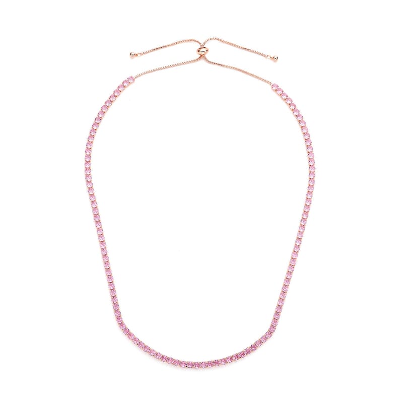 Simulated Pink Diamond Tennis Necklace 18-26 Inches with Bolo Slide in Rosetone